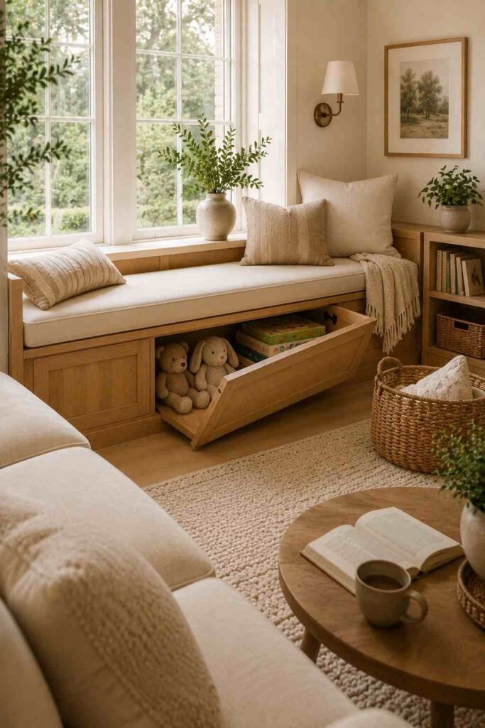 Wooden storage bench with hidden toy compartment in a cozy family living room.
