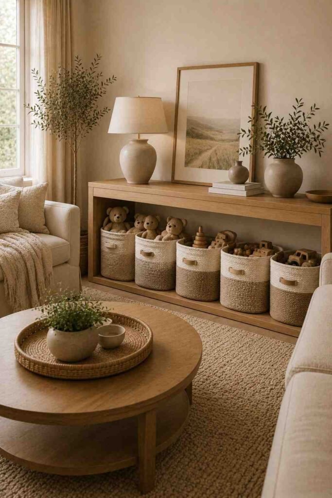 Neutral storage baskets tucked under a console table to organize toys in a living room.
