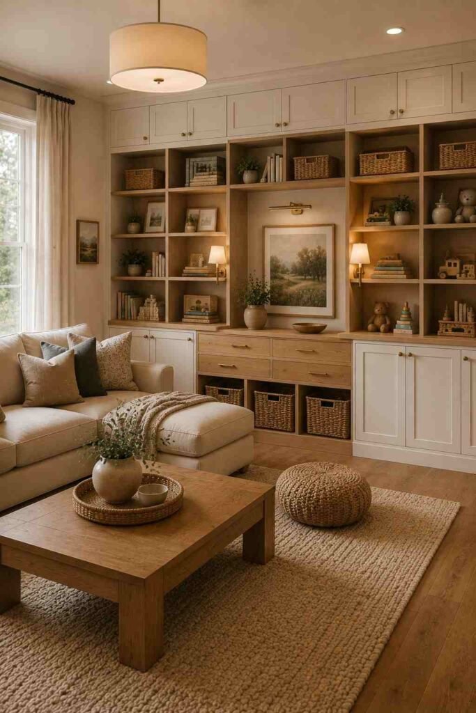 Full living room storage wall combining cabinets, shelves, baskets, and hidden toy storage.
