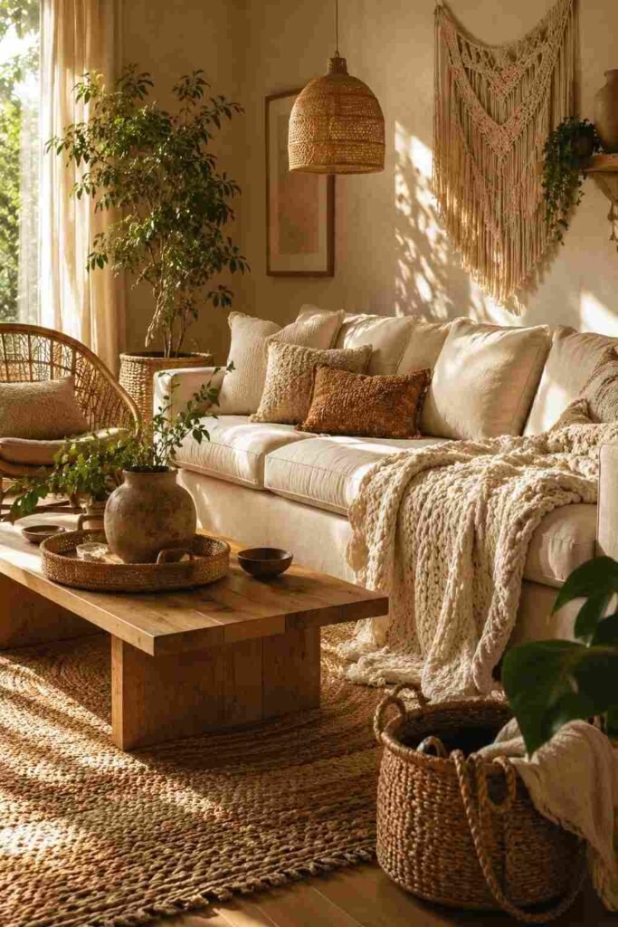 Boho living room layered with jute, rattan, linen, cotton, and woven natural textures.