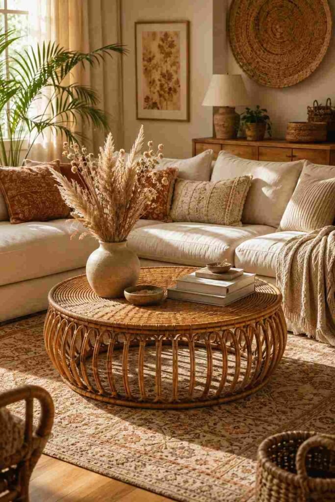Round rattan coffee table styled in a warm and relaxed bohemian living room.