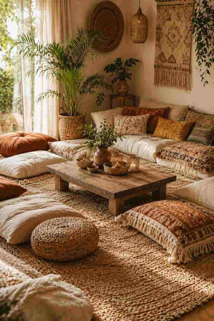 Cozy boho floor seating area with cushions, poufs, layered rugs, and earthy colors.
