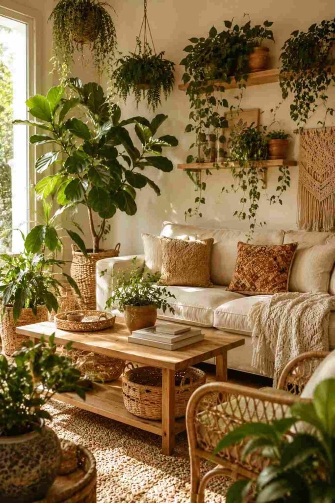 Bohemian living room filled with lush indoor plants, terracotta pots, and woven planters.