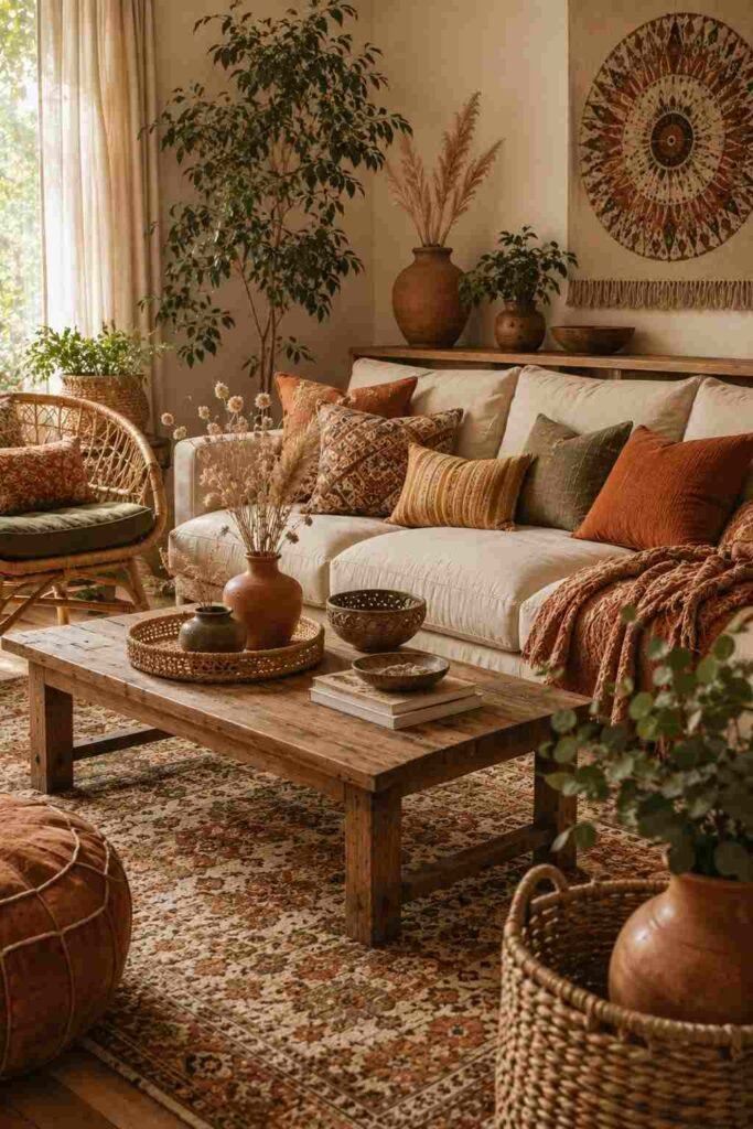 Earthy boho living room featuring terracotta, rust, olive, caramel, and warm neutral tones.