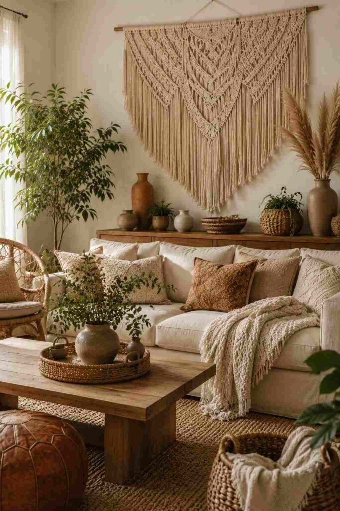 Ivory macrame wall hanging above a cream sofa in a cozy bohemian living room.