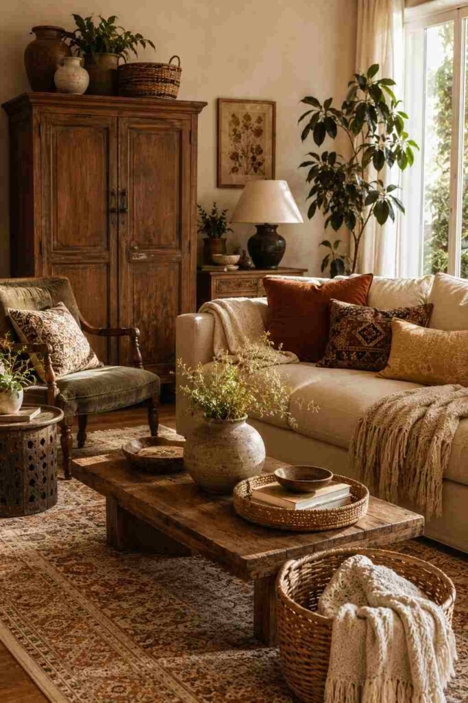 Boho living room combining modern seating with vintage wooden furniture and collected decor.