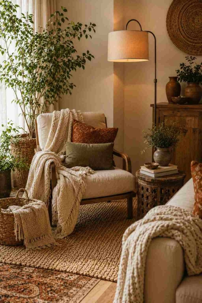 Cozy boho reading nook with linen chair, woven basket, books, plant, and warm lighting.
