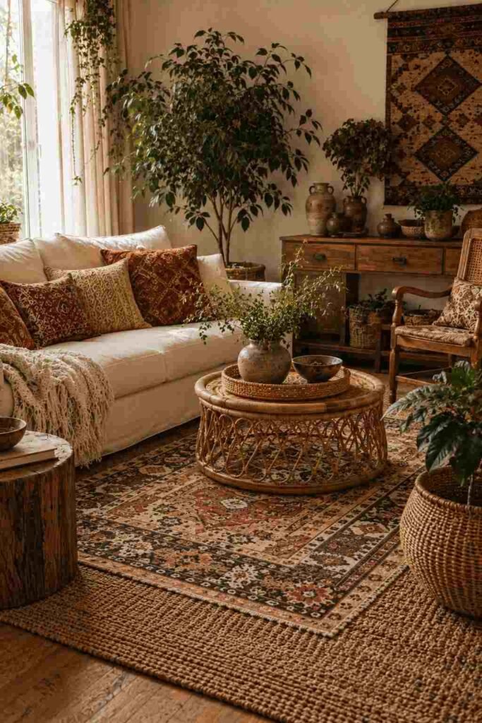 Boho living room with layered jute and vintage patterned rugs in earthy colors.