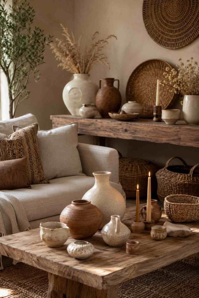 Boho living room decorated with handmade ceramic vases, bowls, and earthy accessories.