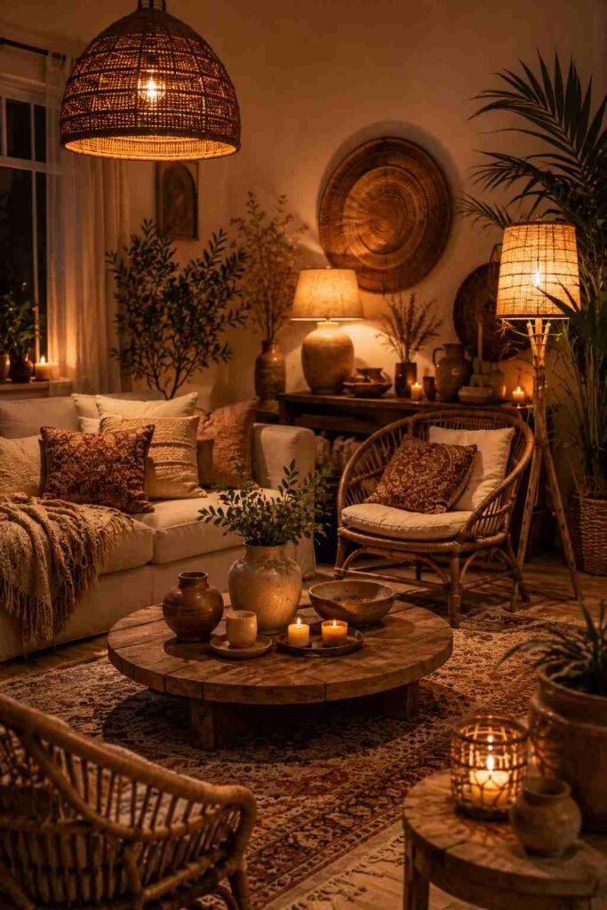 Cozy boho living room glowing with warm lamps, candles, woven lighting, and layered decor.
