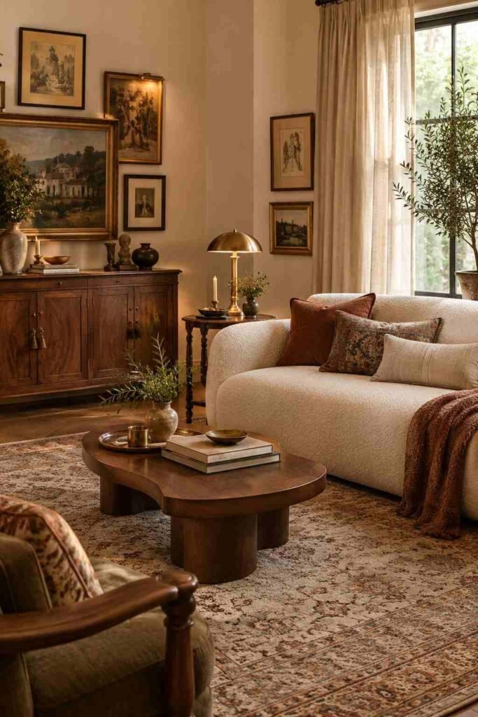 Eclectic living room mixing a modern cream sofa with vintage walnut furniture and warm brass accents.
