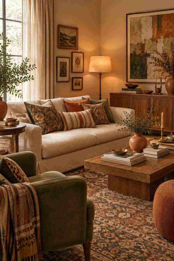  Eclectic living room featuring layered floral, geometric, and striped patterns in warm earthy colors.
