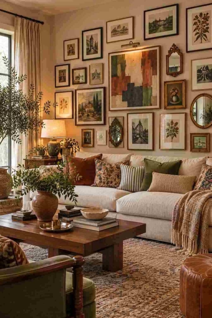  Cozy eclectic living room with layered linen, velvet, wool, woven, and natural wood textures.
