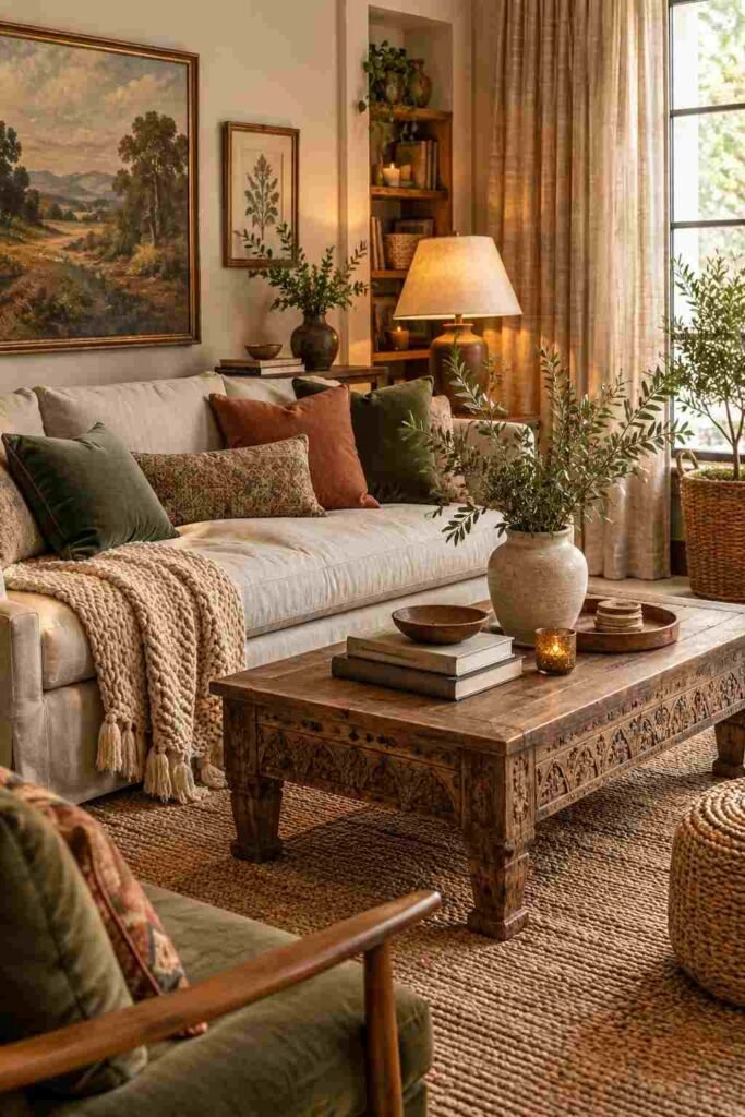  Eclectic living room using emerald green, cobalt blue, mustard, and terracotta accents against neutral furniture.

