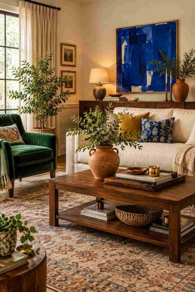  Eclectic living room decorated with vintage books, ceramics, candles, artwork, and sculptural accessories.
