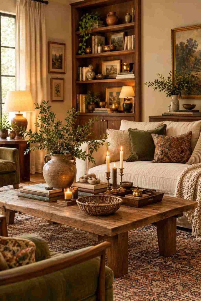  Eclectic living room softened with leafy indoor plants, woven planters, natural wood, and earthy deco
