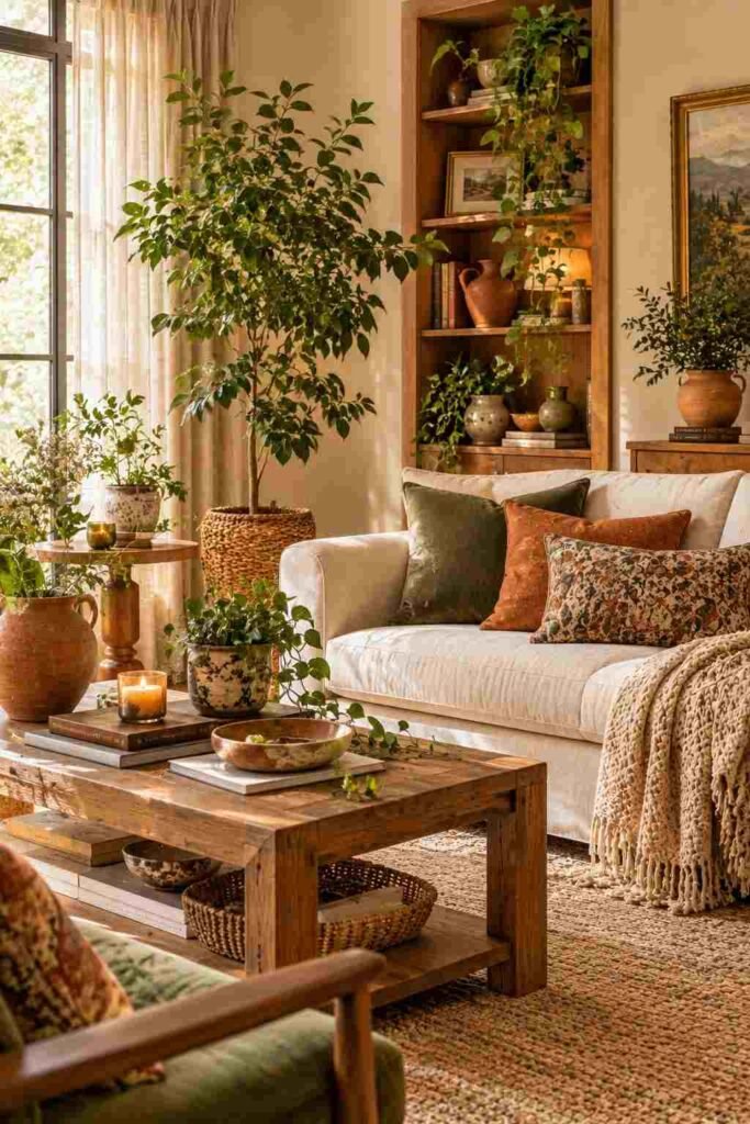  Eclectic living room featuring a sculptural statement pendant light with warm layered lighting.
