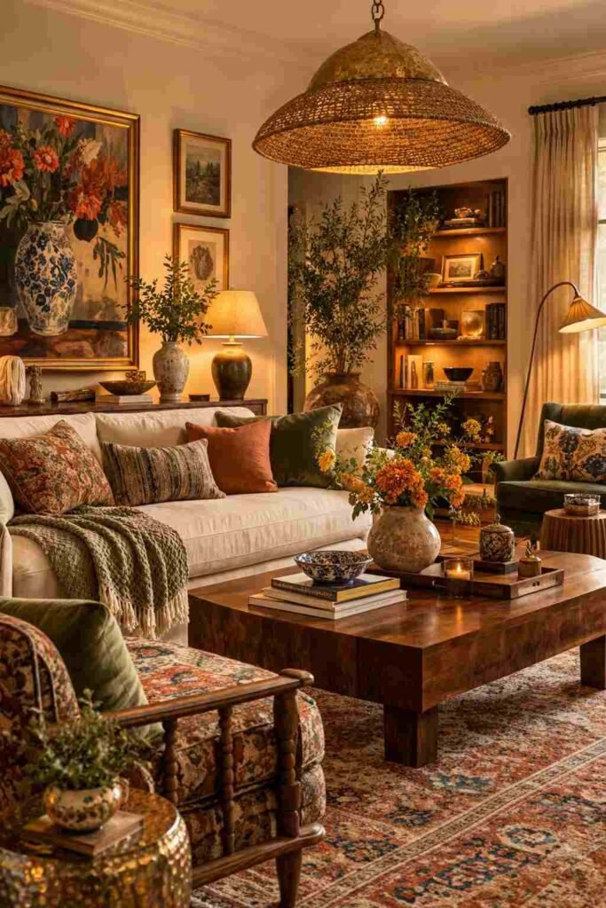  Eclectic living room combining a cream sofa, vintage leather chair, patterned accent chair, and wooden bench.
