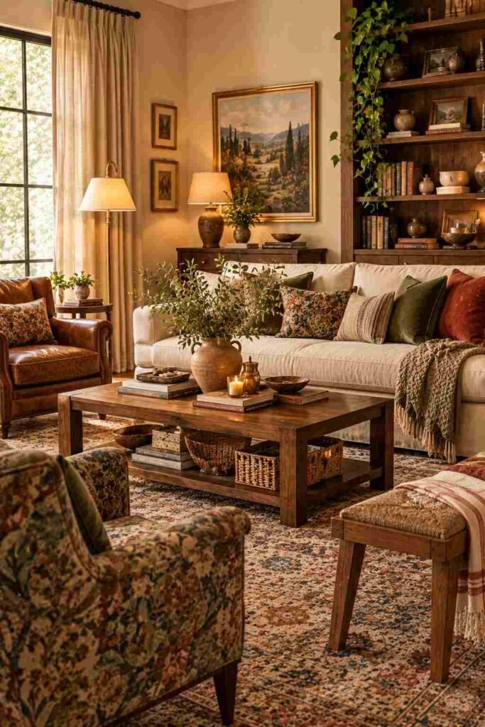  Cozy eclectic reading corner with a caramel accent chair, books, warm floor lamp, plant, and soft textures