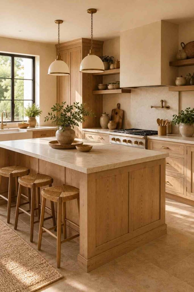 Warm natural wood kitchen cabinetry with cream countertops and cozy neutral accents.