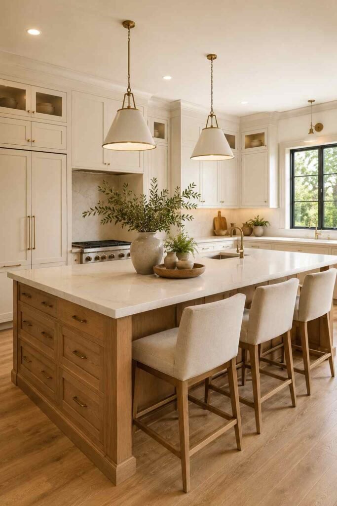 Large functional kitchen island with creamy stone countertop, wood base, and stylish stools.