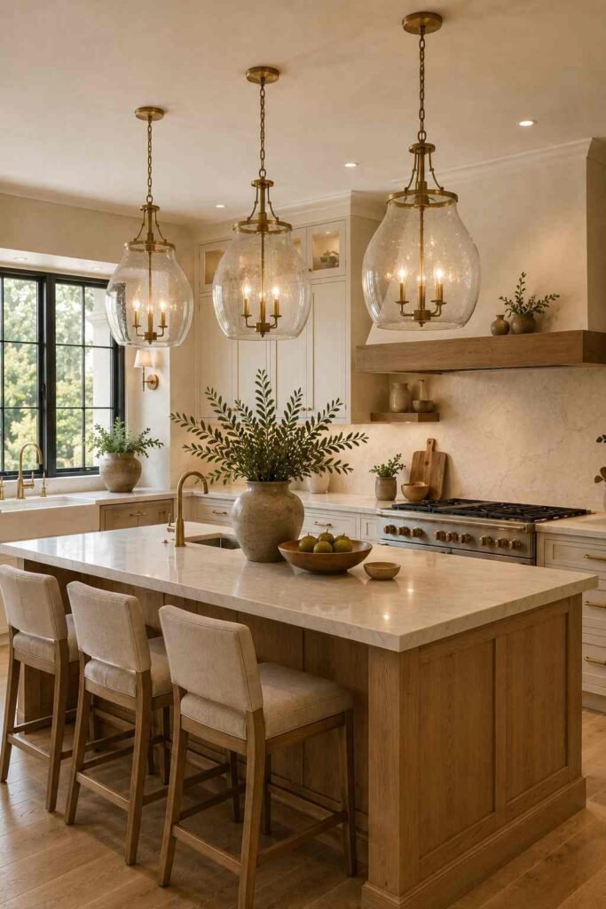Stylish kitchen with statement pendant lights above a central island.