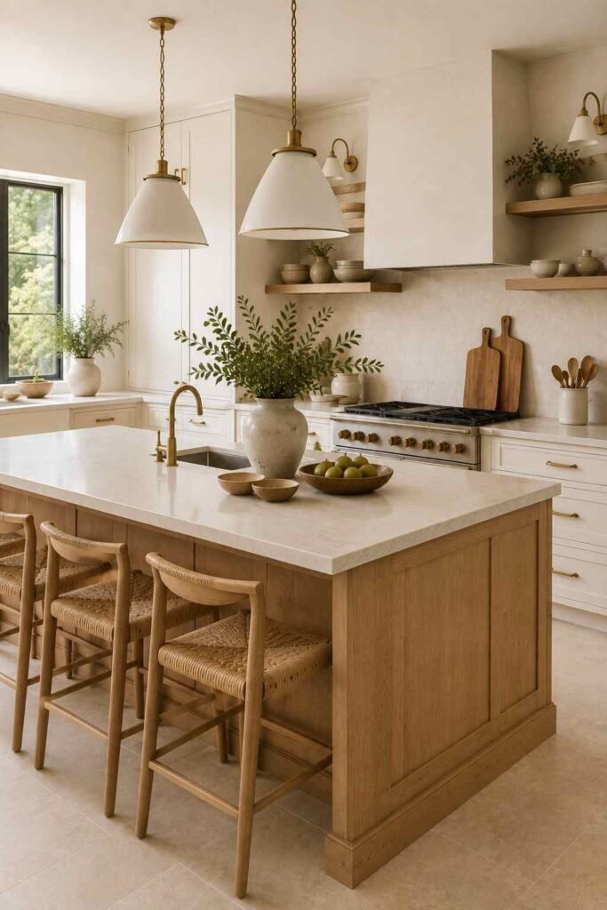 Elegant white and wood kitchen with oak island, creamy countertops, and brass accents.
