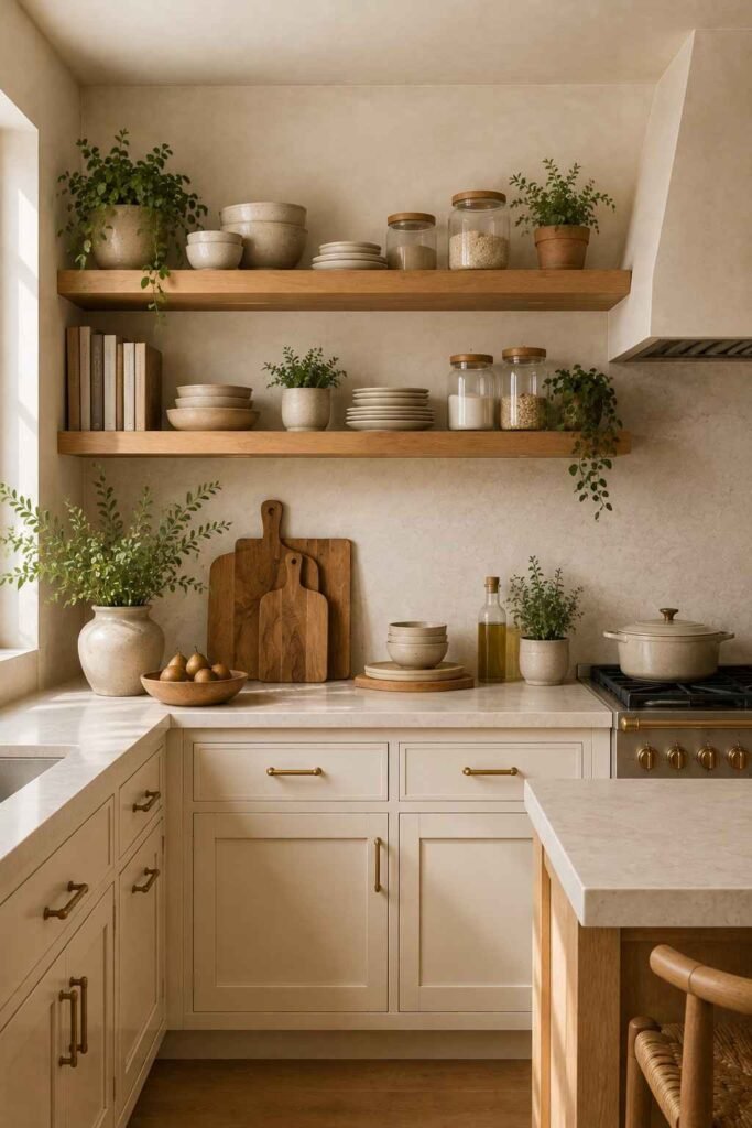 Kitchen with natural wood open shelving styled with ceramics, cookbooks, and greenery.