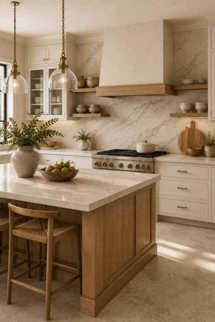 Neutral kitchen with creamy stone backsplash, light countertops, white cabinets, and brass details.