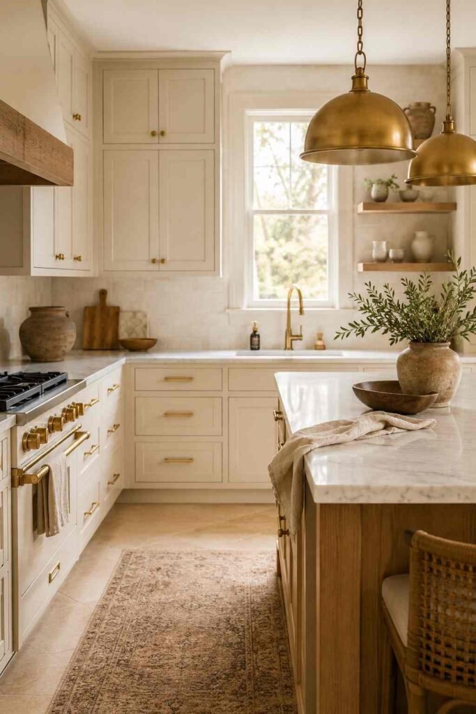 Cream kitchen cabinets with stylish brushed brass hardware and matching brass faucet.