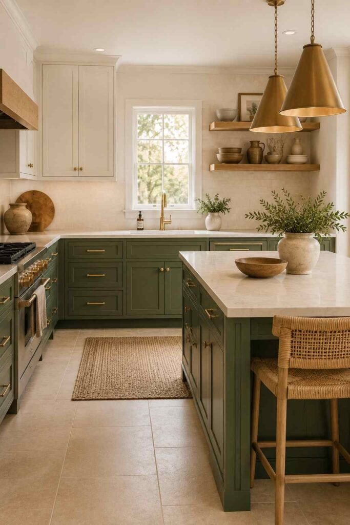 Cozy two-tone kitchen with white upper cabinets, sage green lower cabinets, and warm wood.