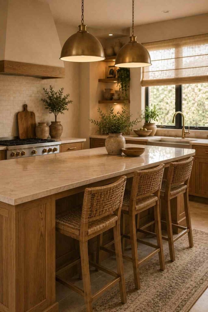 Layered kitchen design with natural wood, stone, woven stools, linen, ceramics, and greenery.