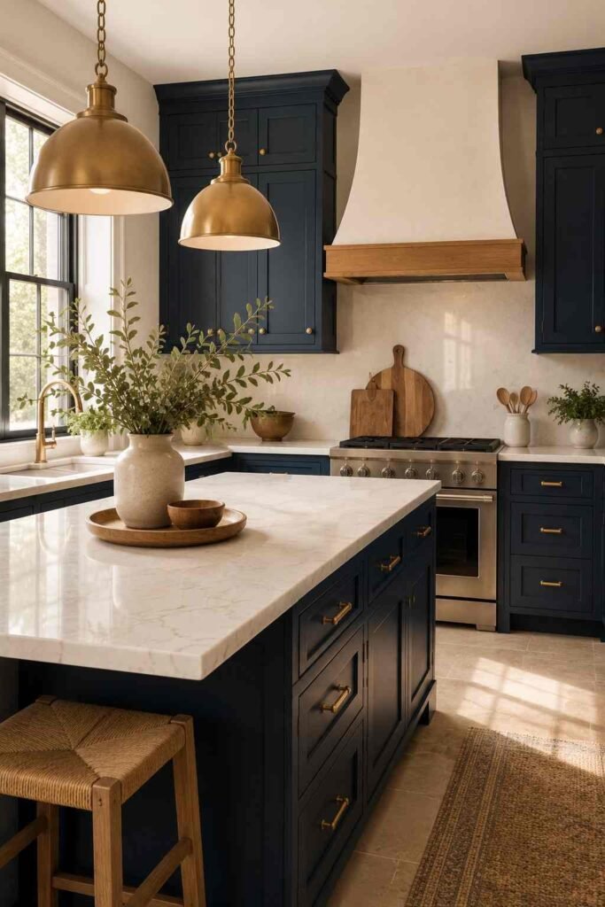 Dark blue kitchen cabinets paired with warm white countertops and brass hardware.
