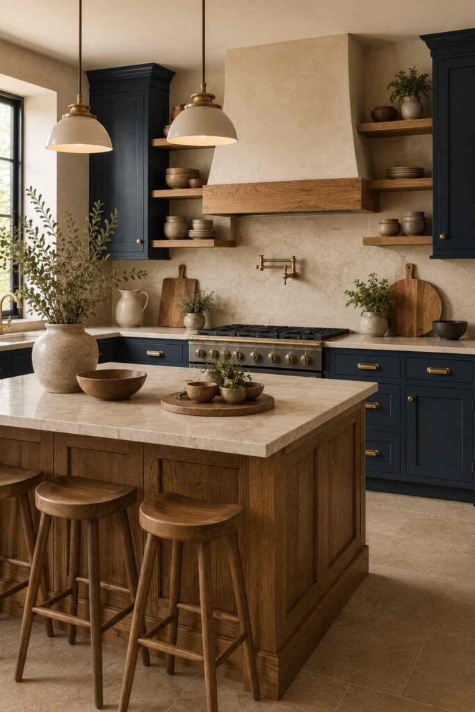 Dark blue cabinetry balanced with warm natural oak shelves, island, and kitchen accents.
