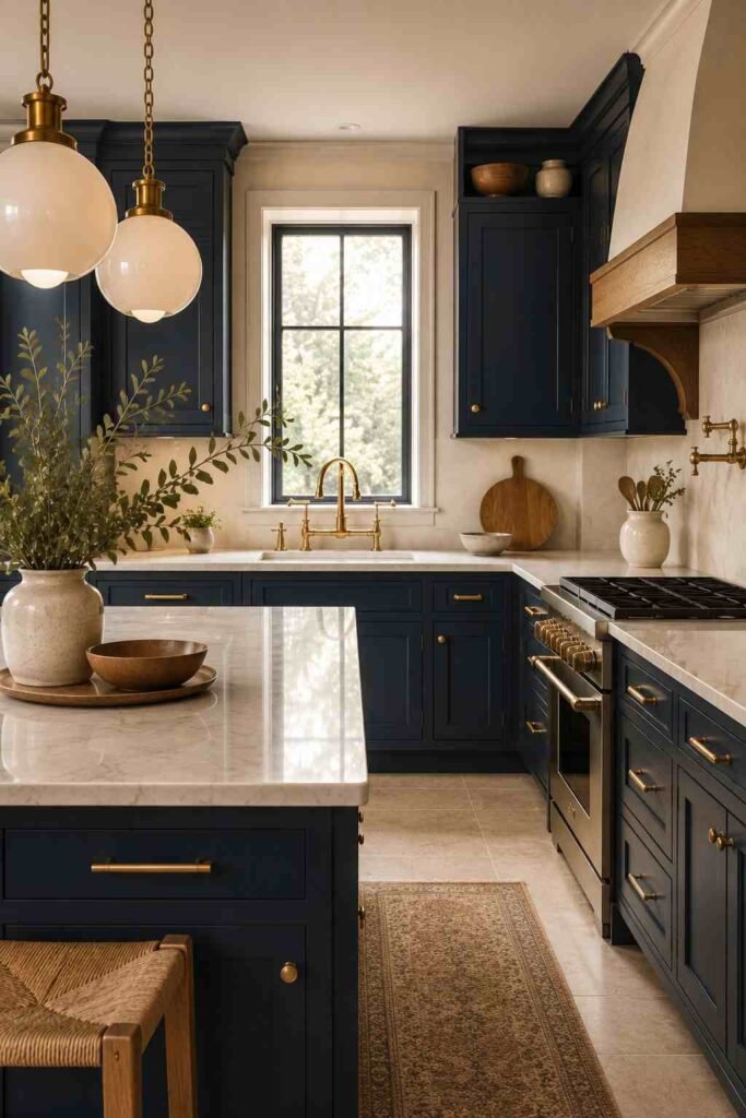 Navy blue kitchen cabinets with brushed brass hardware and elegant warm accents.
