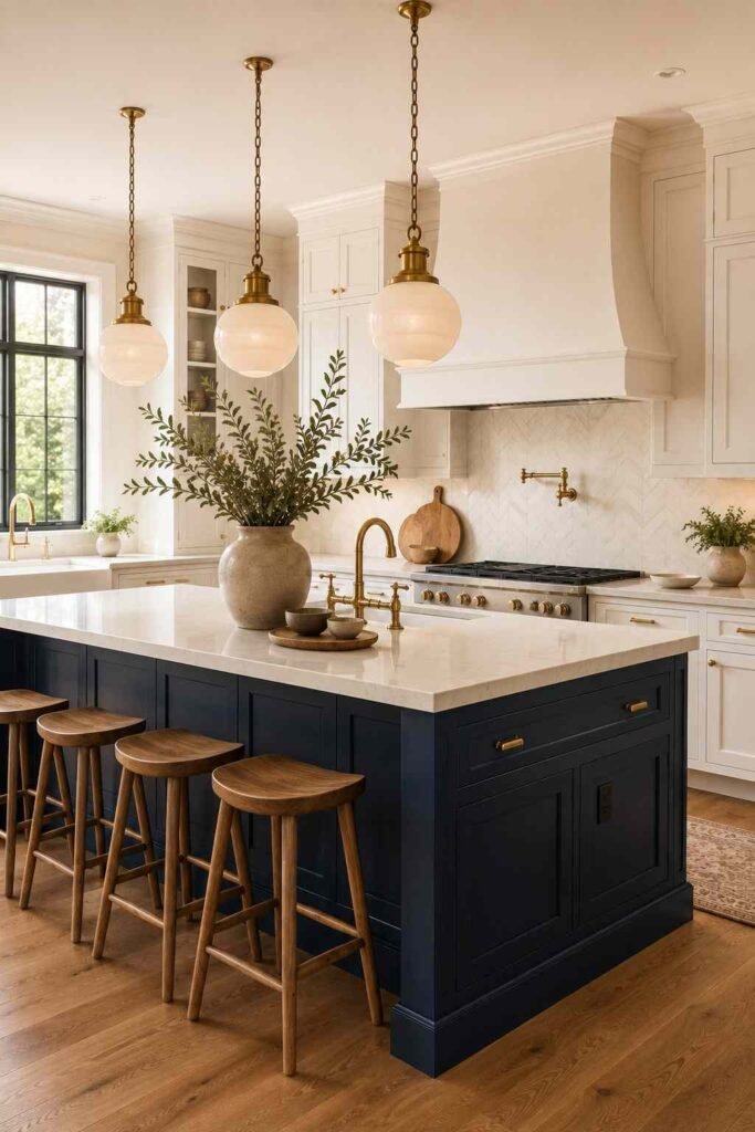 Deep blue kitchen island surrounded by warm white cabinets and natural wood stools.
