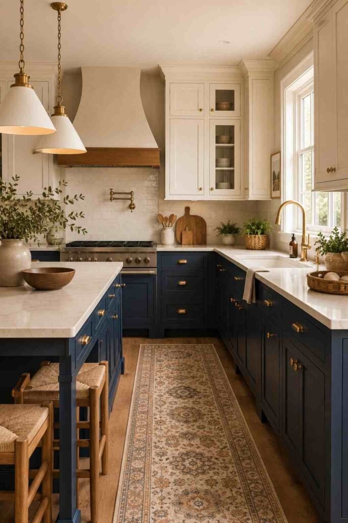 Two-tone kitchen with dark blue lower cabinets and soft cream upper cabinets.
