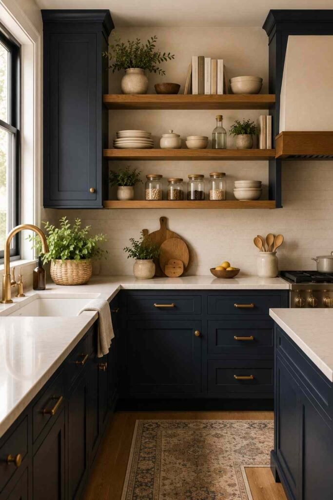 Dark blue kitchen with natural oak open shelves displaying ceramics, books, and plants.