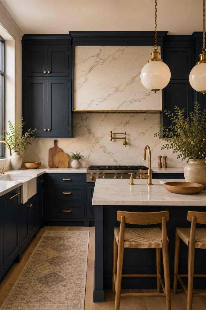Dark blue cabinets with a warm white marble-look backsplash and brass details.
