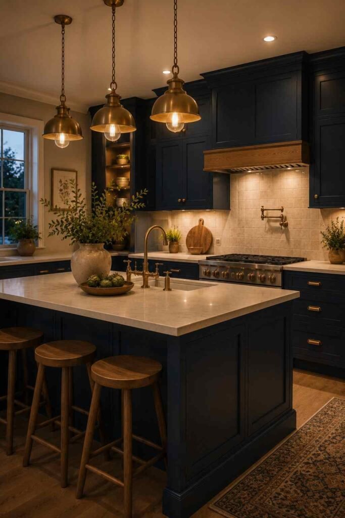 Dark blue kitchen cabinets illuminated by elegant warm brass pendant lights.
