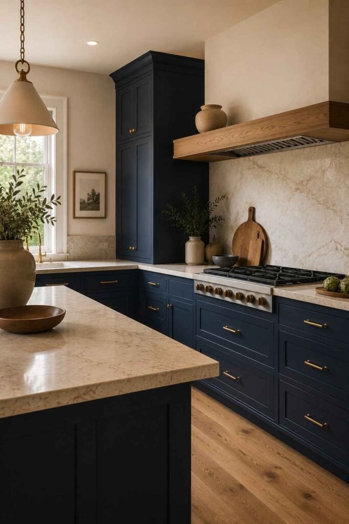 Deep blue kitchen cabinets paired with creamy natural stone countertops and backsplash.
