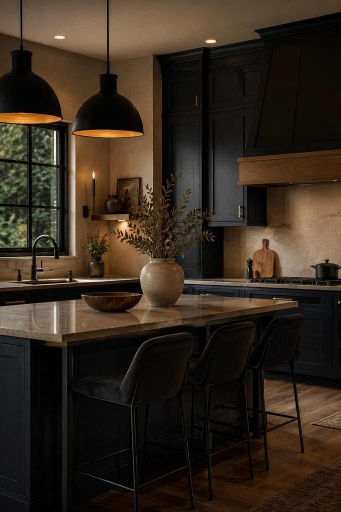 Moody kitchen combining deep blue cabinets with black accents and warm cream surfaces.
