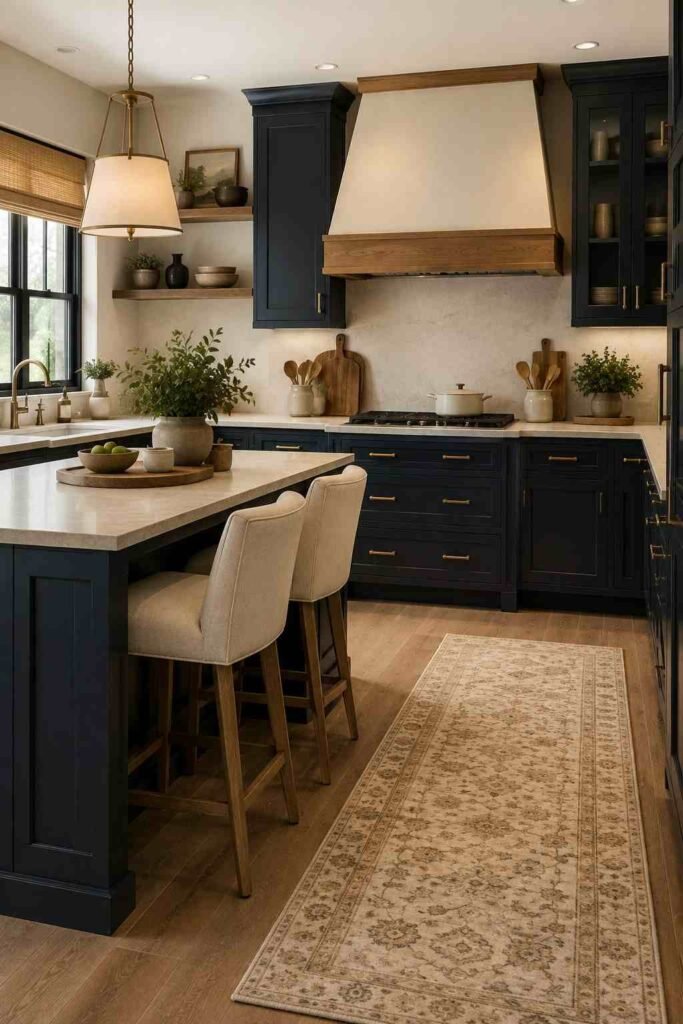 Dark blue kitchen softened with cream textiles, neutral runner, and warm wood accents.
