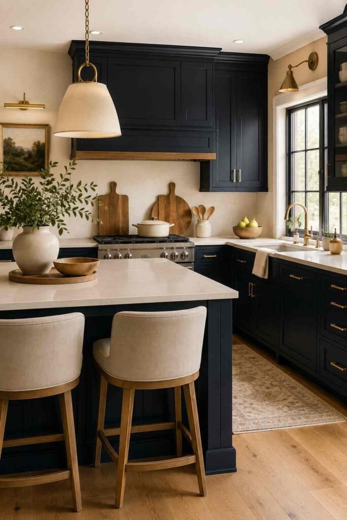 Dark blue kitchen cabinets contrasted with warm white walls and light natural wood accents.
