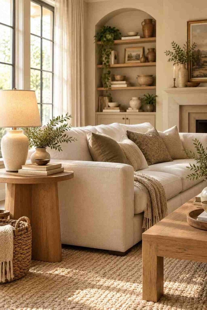 Natural oak side table beside a cream sofa with books, lamp, ceramic vase, and greenery.