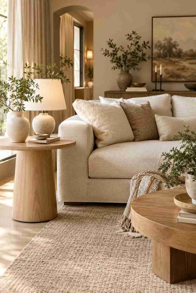 Round wood side table beside a neutral sofa in a cozy modern living room.
