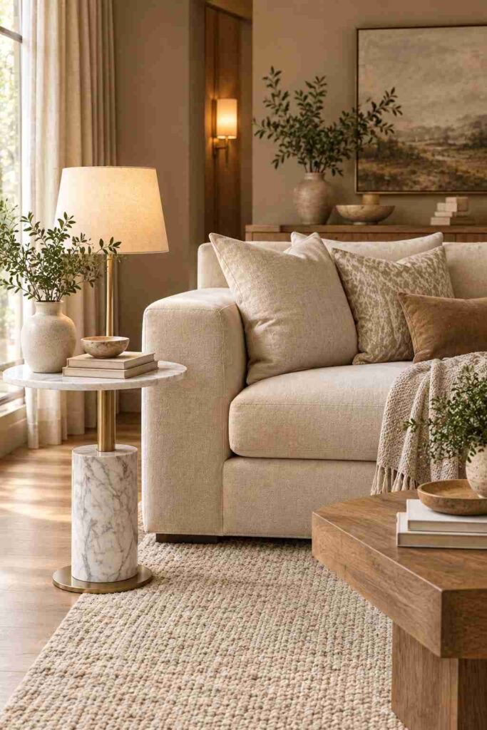 Elegant marble side table with brass base beside a beige sofa and neutral decor.
