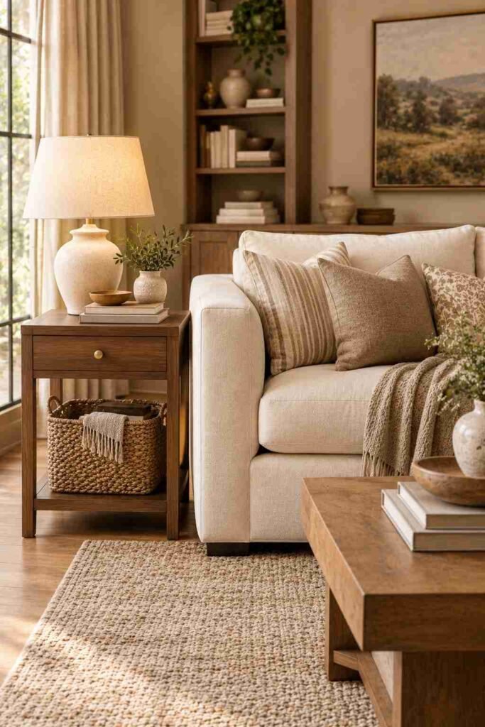 Slim side table fitting neatly beside a sofa in a small living room.