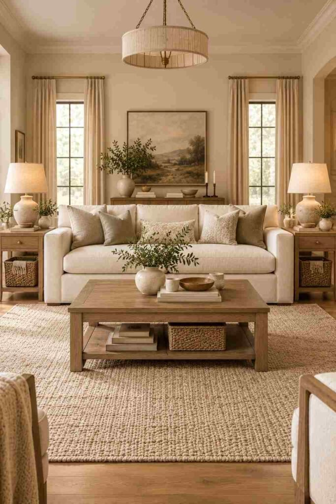 Walnut side table with drawer and storage shelf beside a cream sofa.