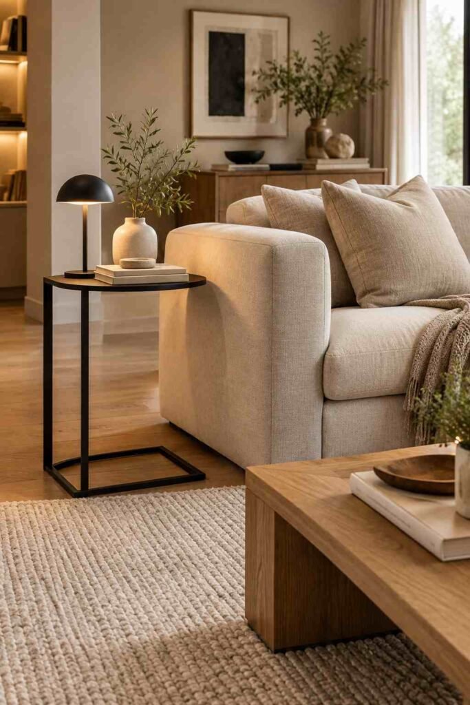 Two matching wooden side tables and lamps placed on both sides of a cream sofa.